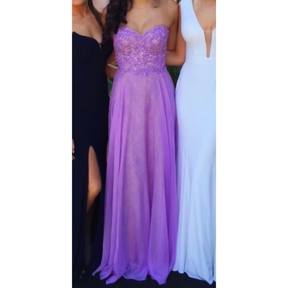 La Femme Beaded Lavender Strapless Prom Gown - Picture 1 of 16